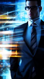 Confident young professional moving through a digital cityscape.