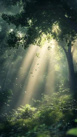 Sunlit forest clearing with volumetric god rays and foliage.