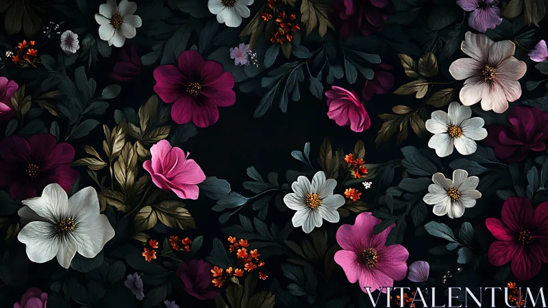 Botanical Dark Floral: Layered Blooms Against Deep Background.