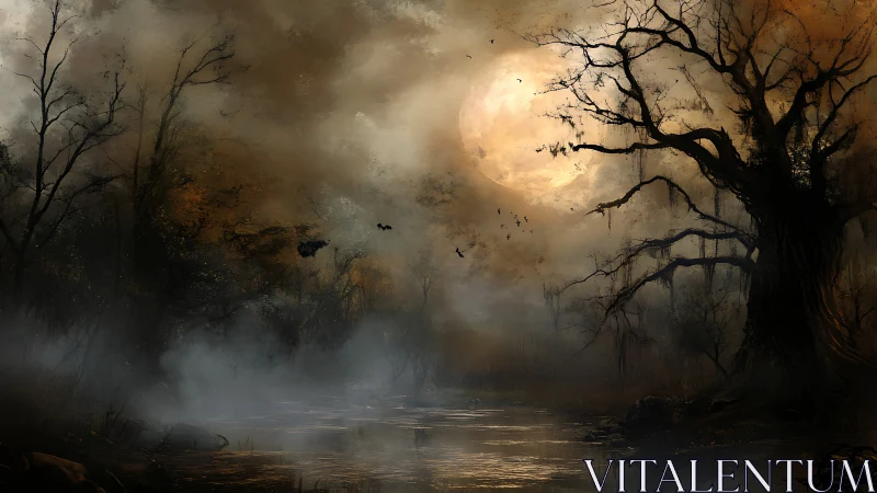 Haunted moonlit swamp broods beneath a looming autumn sky