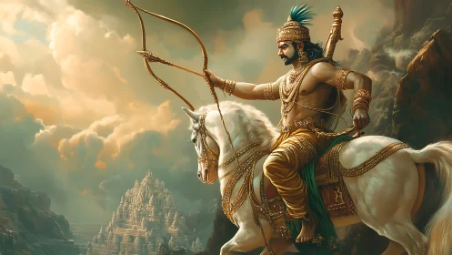 Mythic archer on white horse before distant temple.