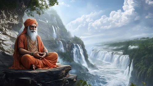 Serene sage in orange robes quietly overlooks vast waterfalls