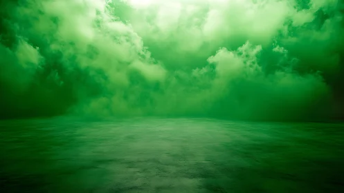 Monochrome green cloud field over flat reflective surface.