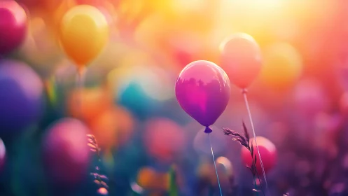 Balloons floating against gradient background with bokeh light effects.