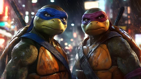 Heroic turtle duo stands ready in a glowing city night.