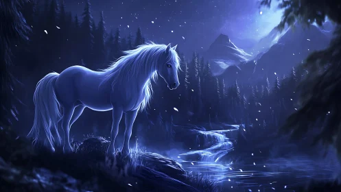Luminous white horse under moonlit forest sky by waterfall