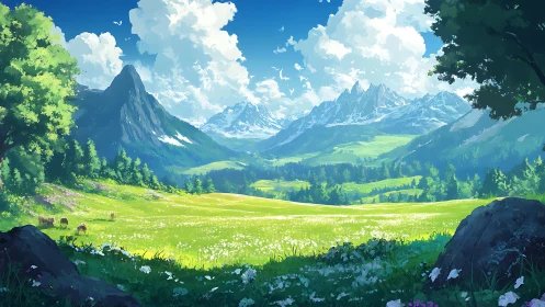 Mountain valley meadow under bright summer sky.