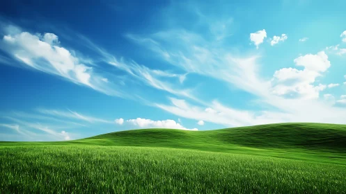 Rolling green hillside under vivid blue sky and clouds.