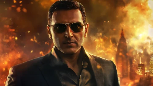 Sunglasses-clad action hero before blazing city skyline.