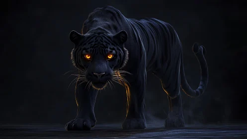 Midnight panther strides forward with glowing ember eyes