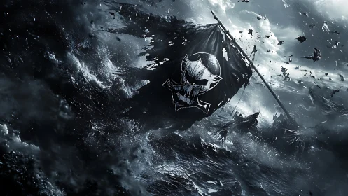 Storm-lashed pirate skull banner cuts diagonally through rogue sea