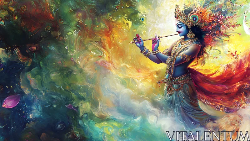 Celestial flutist weaving cosmos in swirling jeweled light.