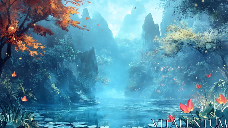 Misty blue lake in a lush fantasy mountain forest.