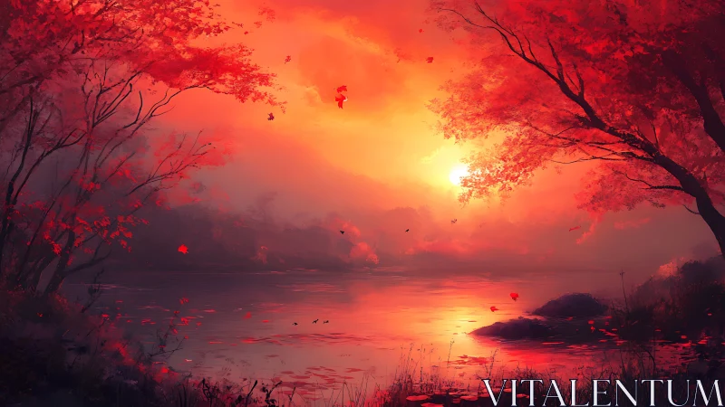 Red forest shoreline with sun over calm reflective water.