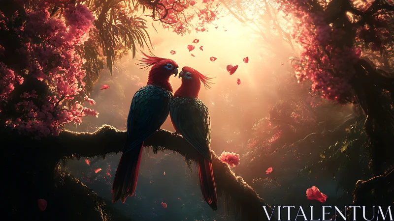 Two Parrots Share a Magical Moment in Blooming Paradise