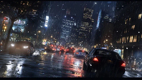 Nighttime urban traffic progresses through a wet city street