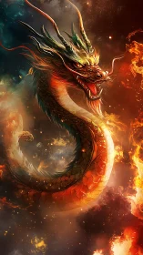 Serpentine dragon in vertical fire and smoke composition.