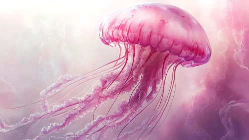 Graceful pink jellyfish drifts softly through dreamy light