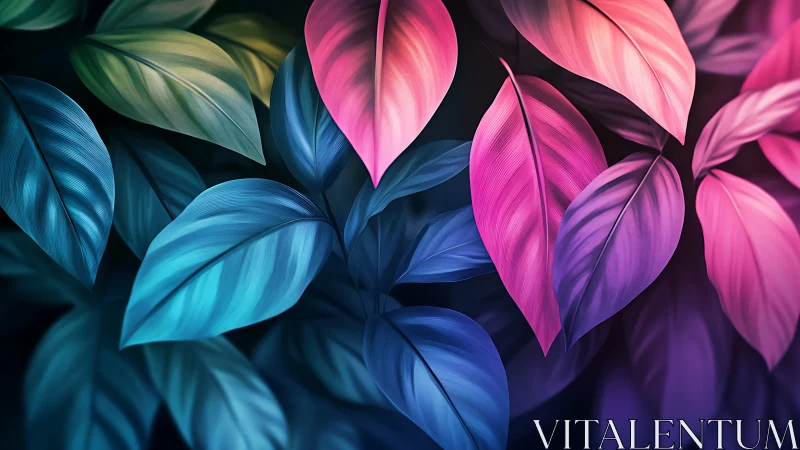 Iridescent tropical leaves display neon gradients on dark field