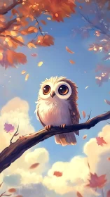 Soft-lit stylized owl on branch under dynamic autumn foliage
