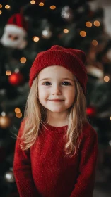 Smiling child in red knitwear before defocused Christmas tree