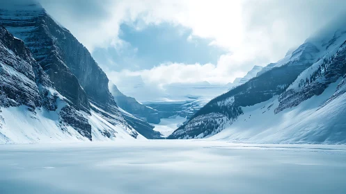 Glaciated alpine valley with frozen lake under diffuse winter light.
