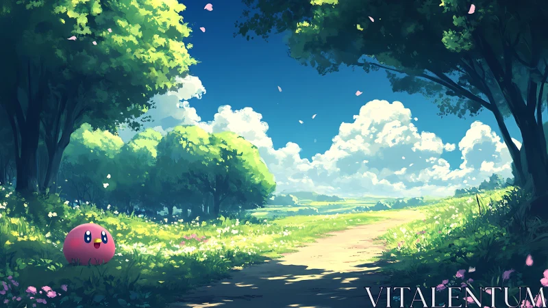 Pastel meadow landscape with pink round character under trees.