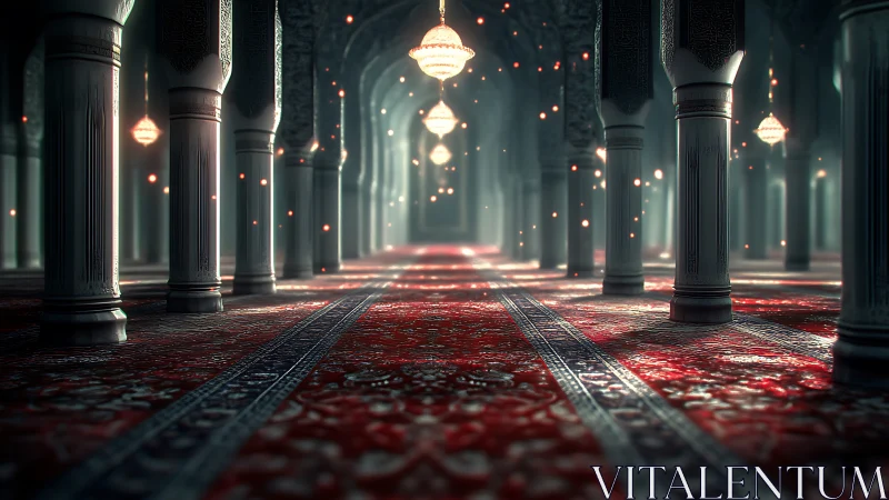 Cinematic 3D render of ornate mosque colonnade interior.