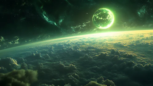 Cosmic horizon vista with luminous green exoplanet sphere.