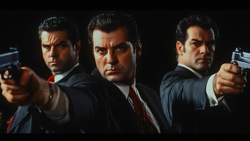 Triad of grim gunmen locking the frame in steely silence.