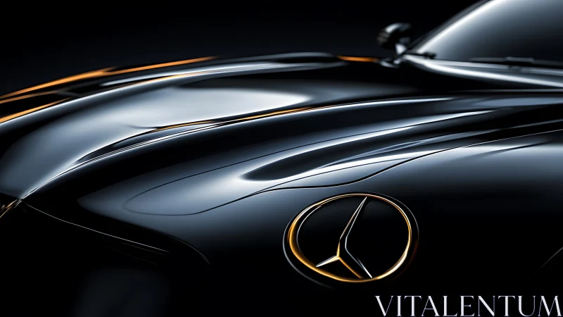 Glossy black luxury coupe hood gleams under dramatic studio light