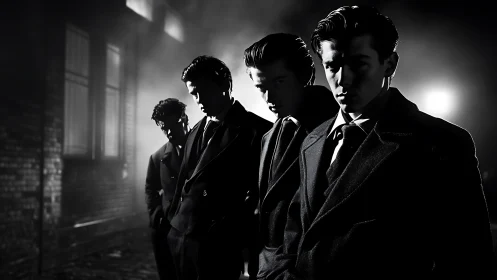 Four suited men stand in high-contrast monochrome lighting