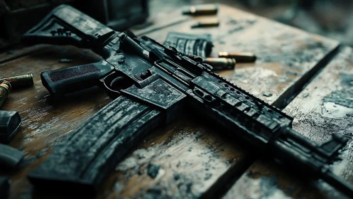 Wet tactical rifle and loose cartridges on worn wooden table