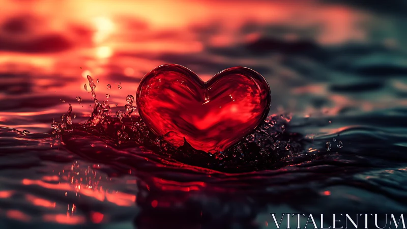 Crimson heart splashing through luminous sunset waters.