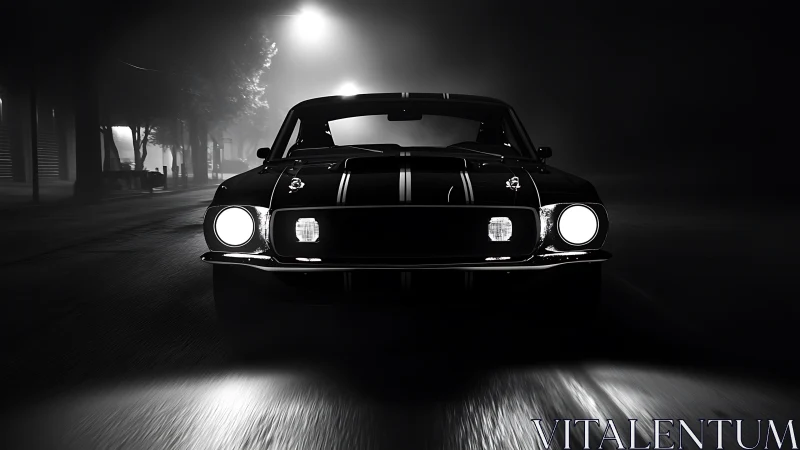 Classic muscle car front view on dark foggy city street.