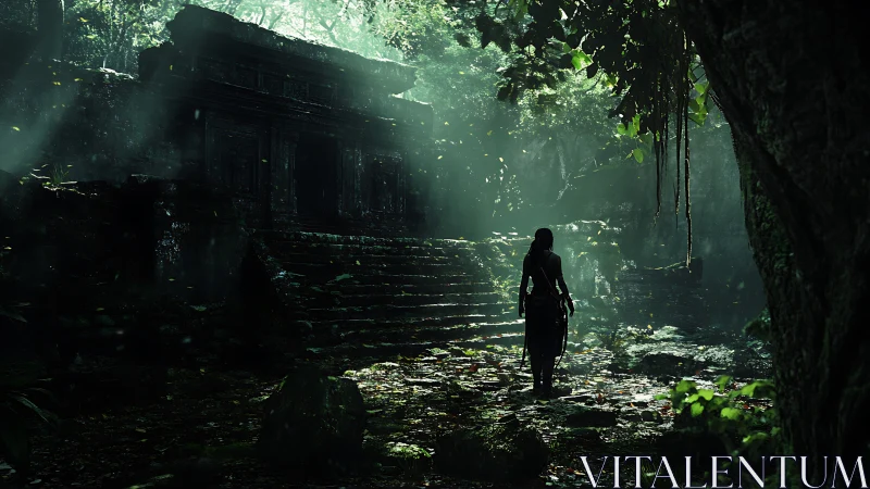 Mysterious jungle explorer walks toward a shadowed ancient temple