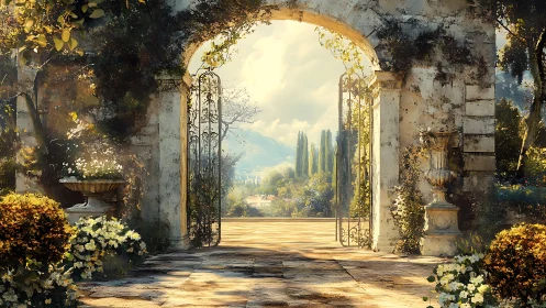 Sunlit stone garden arch opening onto distant hills.