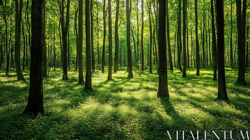 Sunlit forest with tall trees and lush green foliage, natural style.