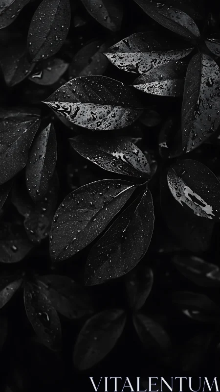Moody wet foliage layered in deep monochrome shadows.