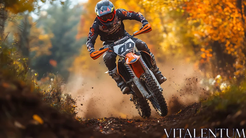 Motocross rider powers through autumn forest trail dirt.