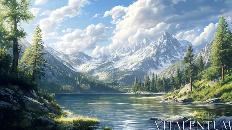 Mountain lake with conifer forest and distant snowy peaks.