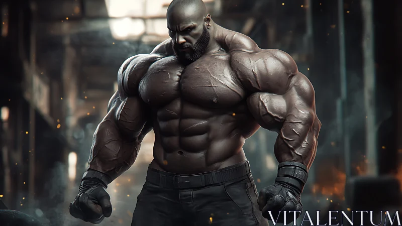 Photorealistic hyper-muscled warrior in industrial ruin.