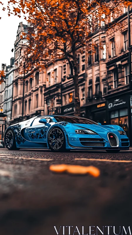 Blue supercar parked on city street in autumn light.