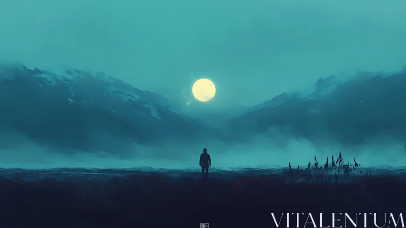 Solitary traveler greets a misty valley under a pale moon