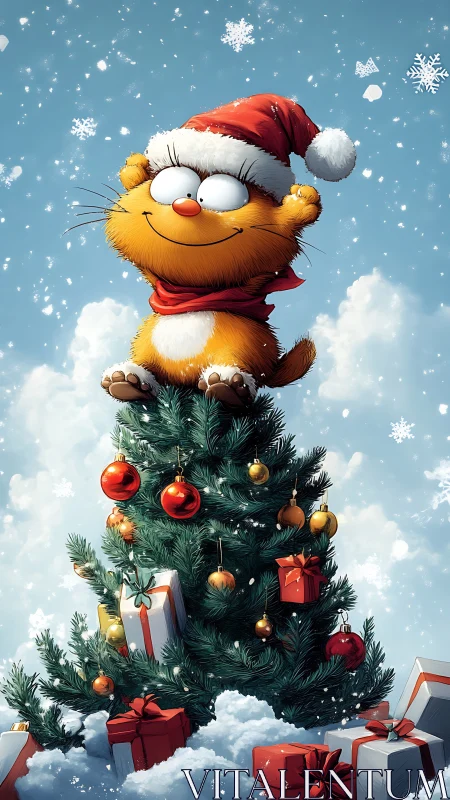Cartoon Christmas cat perched atop a snowy decorated tree