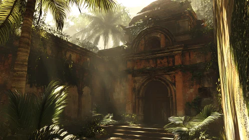 Overgrown tropical courtyard with weathered stone temple facade.