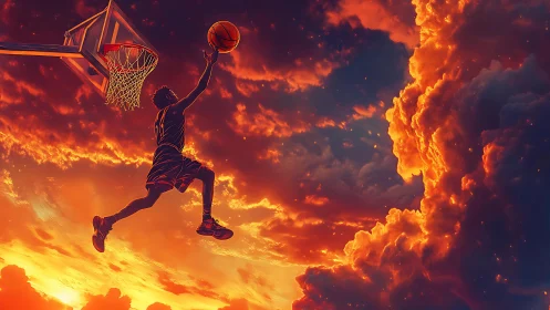 Basketball player dunking against vivid fiery sunset sky.
