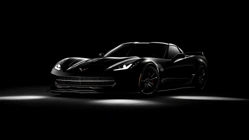 Midnight black sports coupe under dramatic studio lighting.