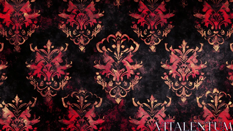 Gothic red damask pattern over distressed dark ground.