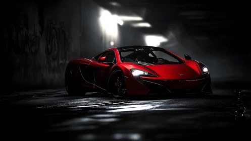 Sleek red supercar glowing softly in a moody city tunnel.